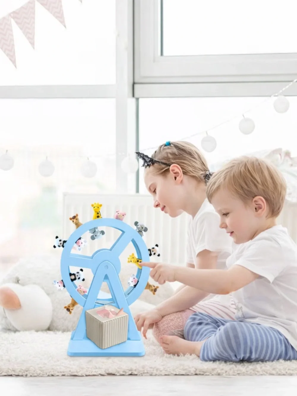 Magnetic Spinning Sky Blue Wooden Ferris Wheel Shelf For Tonie Box & Characters - Picture 3 of 6